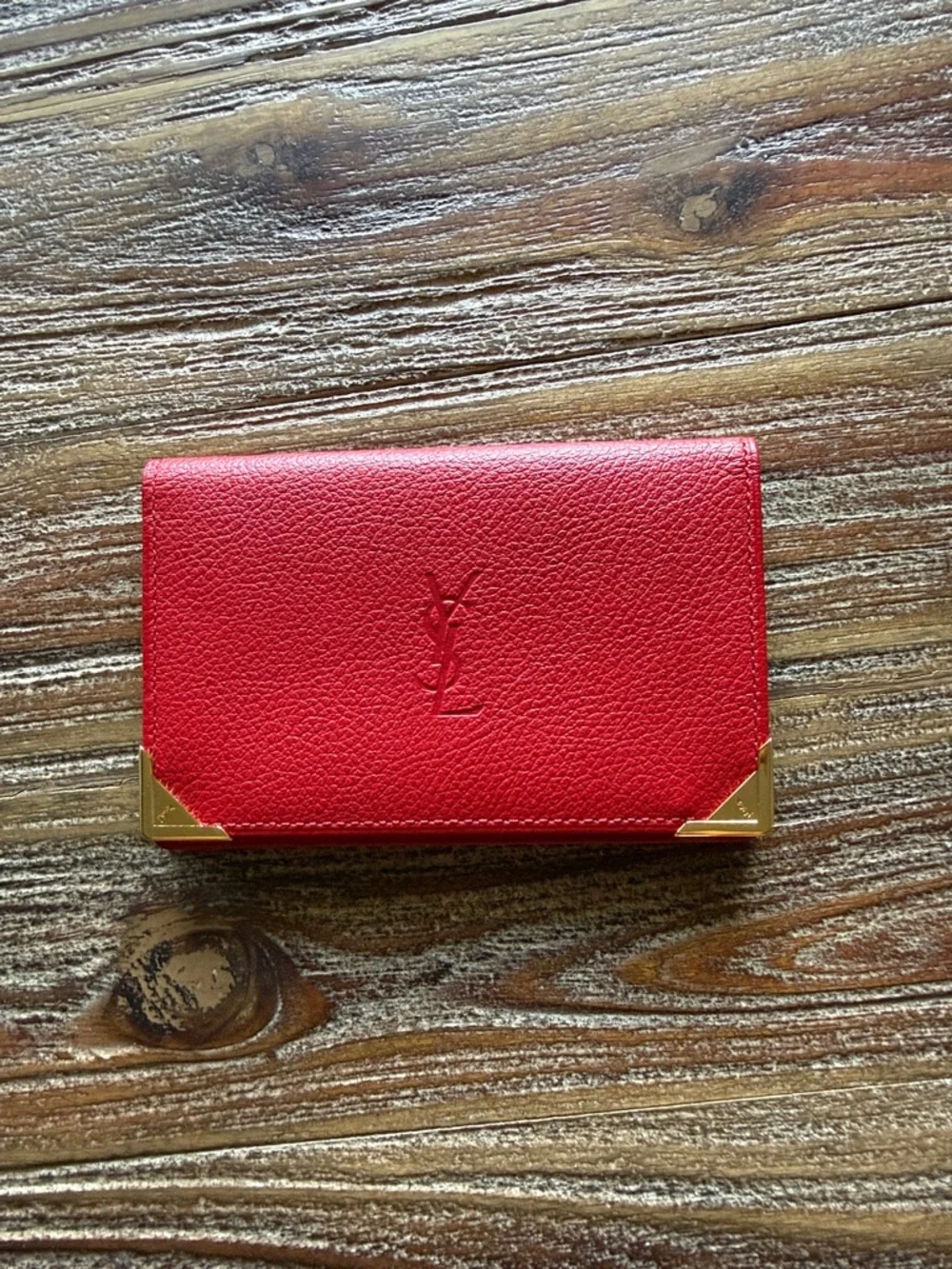 Yves Saint Laurent Red Leather Card Holder with Gold Corner Accents